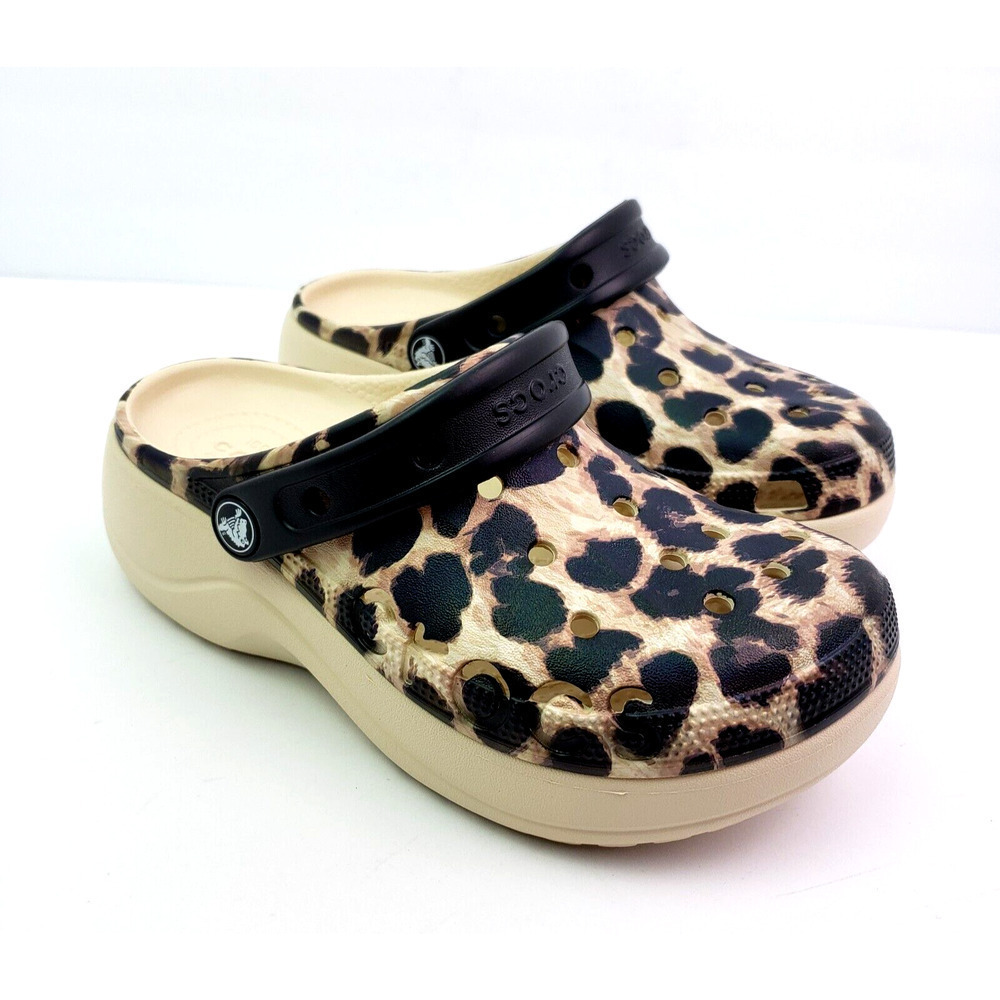 Crocs Baya Classic Womens Size 5 Beige Brown Cheetah Platform Clog Shoes